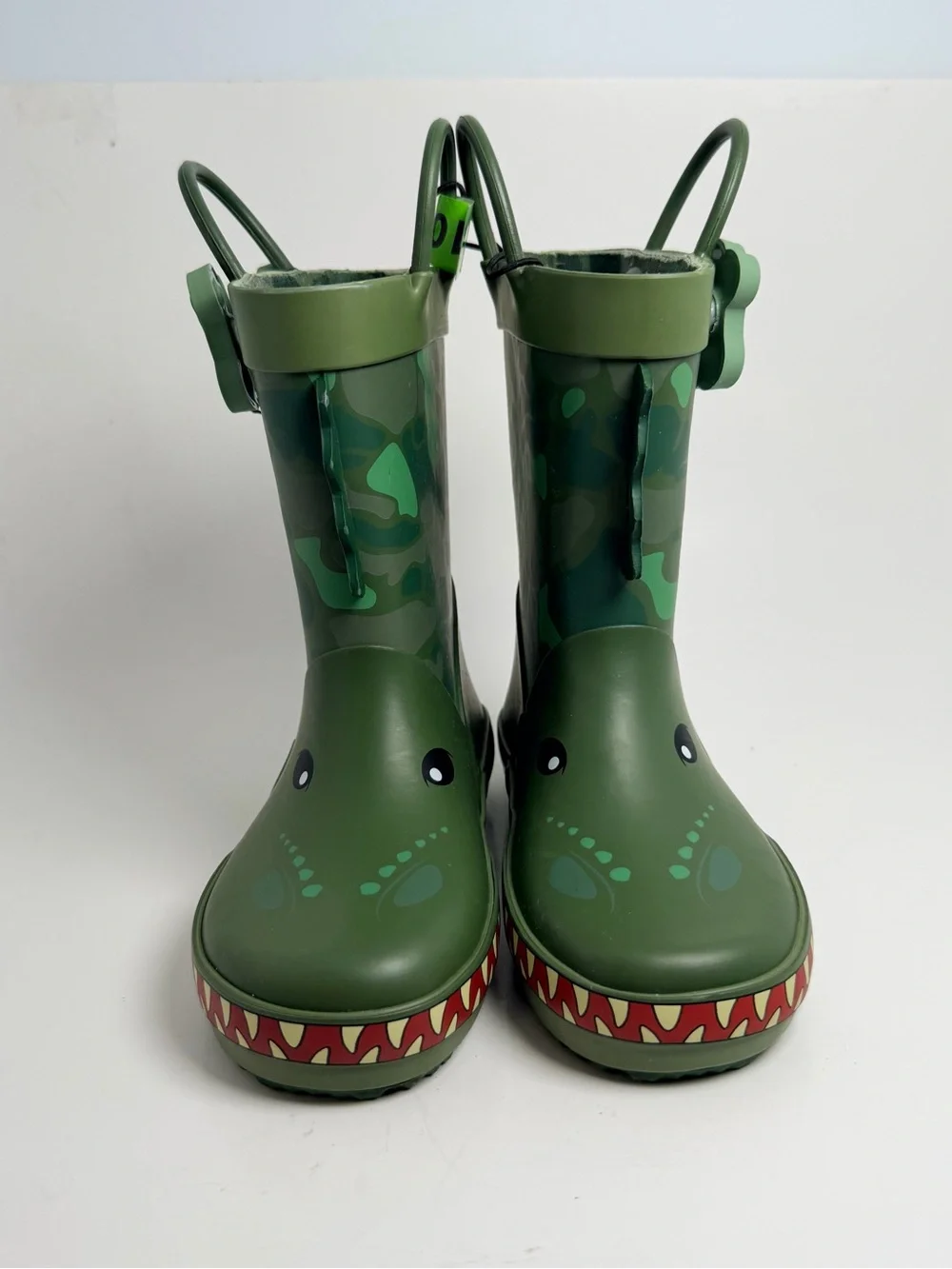 Kids Green Dino Camo Rain & Snow Boots with Playful Dino Face
